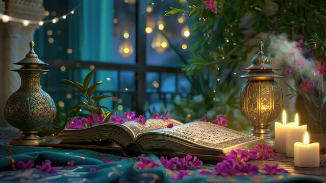 Animation of the holy book koran with islamic background seamless 4k video background. generated with ai	