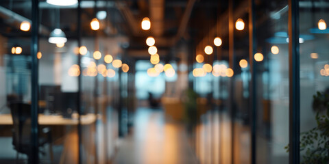 Blurred office interior with warm ambient lighting creating a bokeh effect - obrazy, fototapety, plakaty