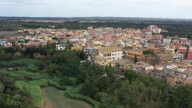 Beautiful drone view of the historical city center of Cerveteri, a medieval and etruscan town in Lazio, central Italy.
