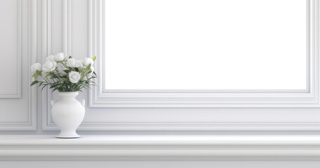A white vase of with flowers on a white shelf against a marble background. - obrazy, fototapety, plakaty