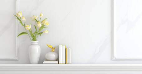 white vase with flowers on a marble stone wall.