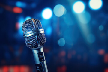a microphone on stage in front of a blurry background
