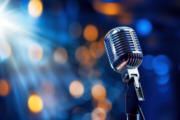 A silver retro microphone against a blue background with bright lights.