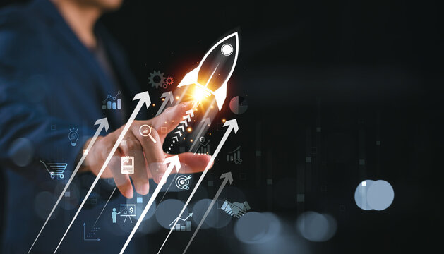 Increase strategy busines plan trend concept. Achieve growth goal sale marketing, increase success potential, soar rocket towards wealth. Competitive business rocket with up arrow investment icon
