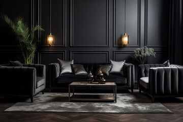 Elegant living room with black velvet sofa and armchairs, classic paneling, and luxury decorative