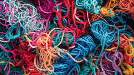 A tangled mess of threads and yarns, showcasing a chaotic yet colorful complexity, background, with copy space