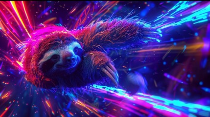Speedy sloth outpaces light cloaked in neon glow - obrazy, fototapety, plakaty