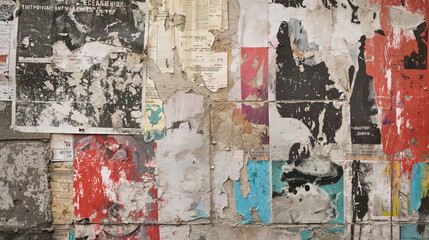 Grunge urban wall with peeling paint, graffiti, and posters creating a chaotic visual layering, background, with copy space