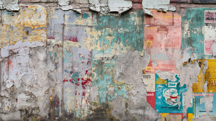 Grunge urban wall with peeling paint, graffiti, and posters creating a chaotic visual layering, background, with copy space
