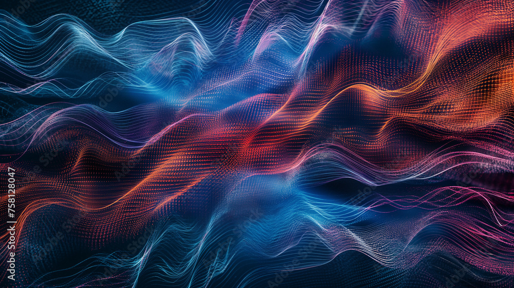 Poster waves of digital distortion on a screen, simulating a chaotic interference pattern, background, with
