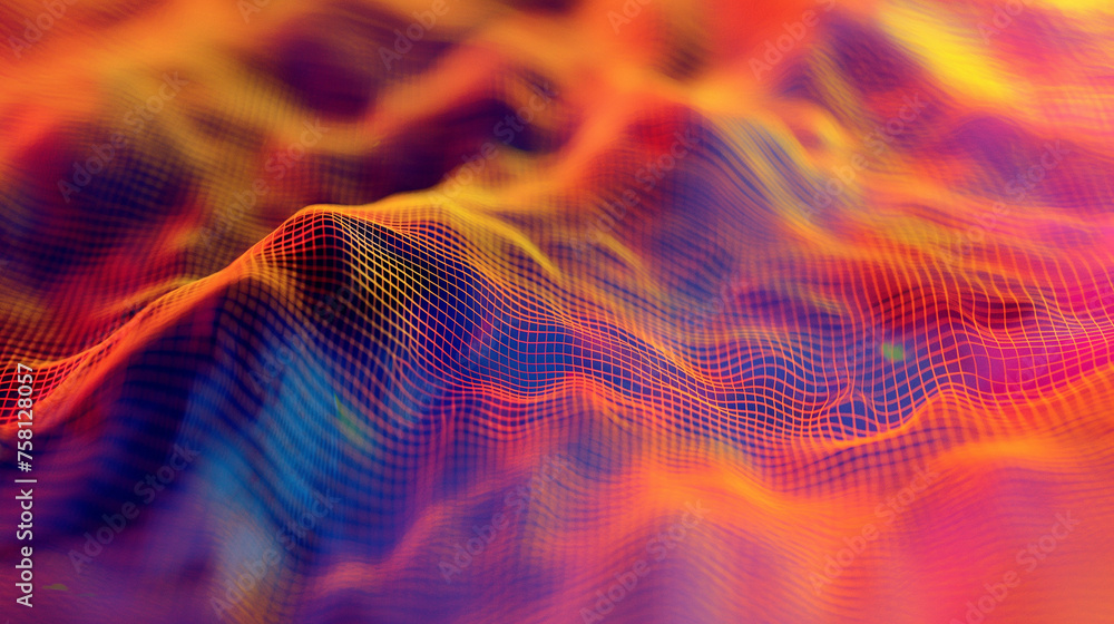 Poster waves of digital distortion on a screen, simulating a chaotic interference pattern, background, with