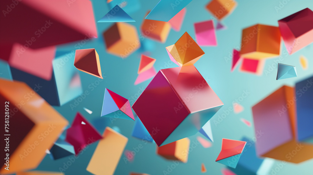 Poster a chaotic cluster of floating geometric shapes, seemingly defying gravity and order, background, wit