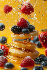 Flying pancakes with honey and blueberries. Yellow background