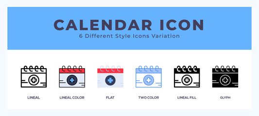 Calendar icon set with different styles. Design elements for logo. Vector illustration.