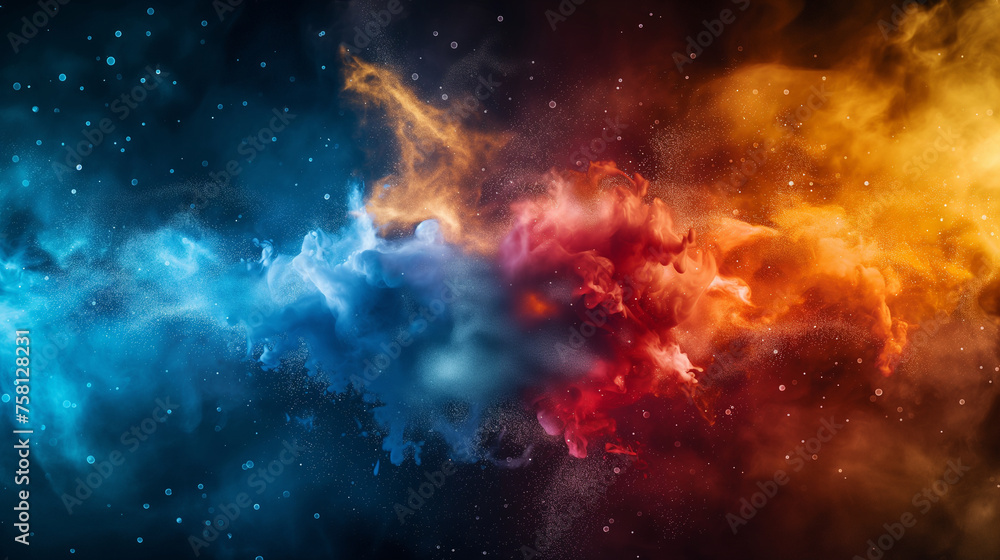 Poster explosive collision of particles at a subatomic level, capturing the moment of impact in vivid color