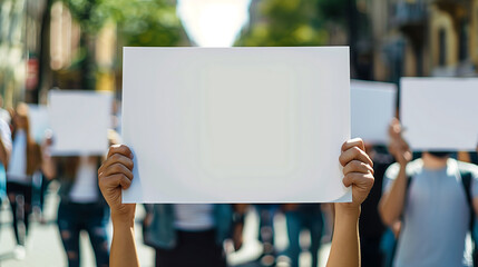 Close up of many people holding white blank paper for banner or sign at outdoor streets, protesters marching, street, white banner, copy space 