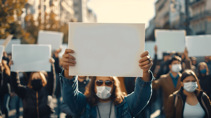 Close up of many people holding white blank paper for banner or sign at outdoor streets, protesters marching, street, white banner, copy space  - obrazy, fototapety, plakaty