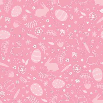 Easter Seamless Pattern with Easter bunnies, eggs, flowers, carrots. Happy Easter Abstract design. Vector illustration on pink background
