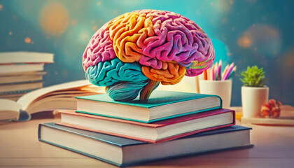 Colorful brain on the top of books pile. Creative education conceptual background - obrazy, fototapety, plakaty