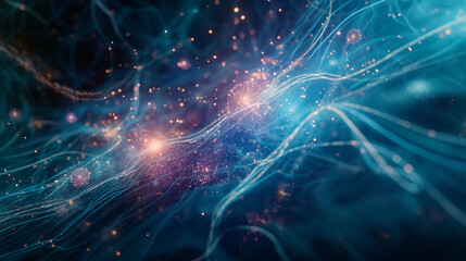 Quantum entanglement depicted with particles connected by chaotic, abstract lines, visualizing the spooky action at a distance, Particle, Research, with copy space