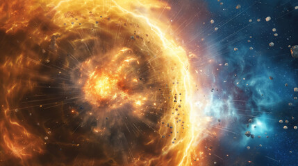 Fototapeta premium Particles erupting from a chaotic supernova explosion, showcasing the research into the life cycle of stars, Particle, Research, with copy space