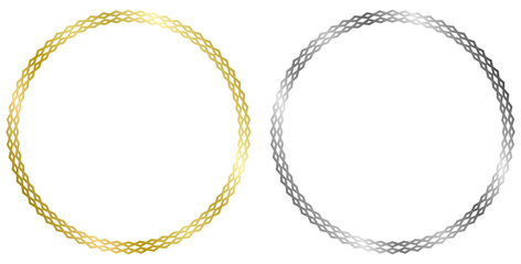 Set of golden and silver round metal frames isolated on white. Vector frame for photo. Frame for text, certificate, pictures, diploma. Luxury, gold, wedding, celebration. Zig Zag frames