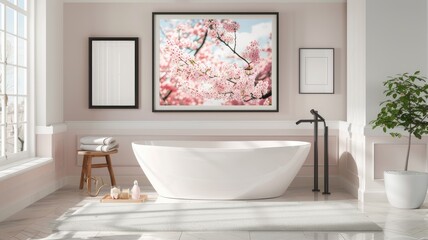 Fototapeta na wymiar a peach cherry blossom against the backdrop of a water feature, harmonizing nature's delicate hues with the calming presence of flowing water.