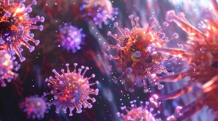 bunch of viruses are floating in the air. The viruses are brown and have a fuzzy appearance, Group of virus cells. 3D illustration, Coronavirus cells.
