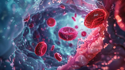 Fototapeta premium microbiology, Fat hyperlipidemia or arteriosclerosis hemoglobin red blood vessel cell micro microscope inside interior human body. Embolism and cholesterol and intestinal tumors