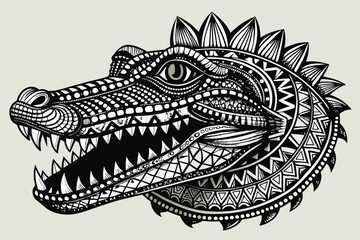 the head of crocodile decorated with African ornaments, thick black outline, correct finished lines, perfect detailed pattern and ideal composition, octane rendering,  white background