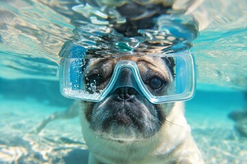 Cute pug dog wearing diving goggles underwater in a clear blue water. Generative AI