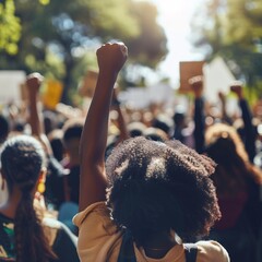 A determined group of Black individuals, fists raised in a powerful gesture of protest, advocating for racial justice and equality. - obrazy, fototapety, plakaty