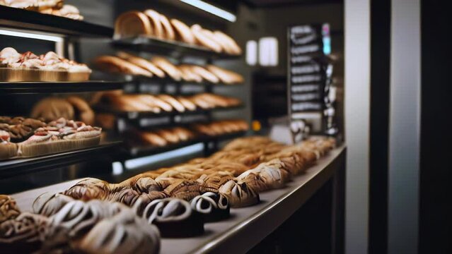 Sweet pastries with berries. Showcase in a candy store. Glass stand with cake eclairs and tartlets. refrigerator shelves with sweets. Confectioner's work space.