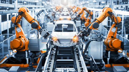 Robot arm working in car line manufacturing modern technology industrial production factory.