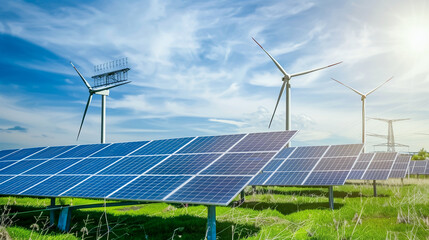 Solar farm, Solar cells panels and wind turbines for electricity alternative renewable energy.