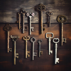 A collection of antique keys on a rustic surface. 