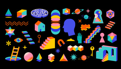 Surreal, Abstract, psychedelic collection of shapes, elements. Modern, geometrical trendy elements and symbols for advertising, t-shirt design, stickers and any posters. Contemporary art background