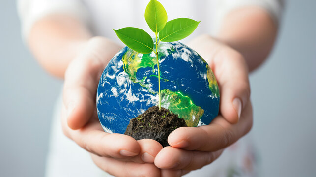 Hands holding a green sapling in soil with globe, tree planting, earth day world, reduce global warming.