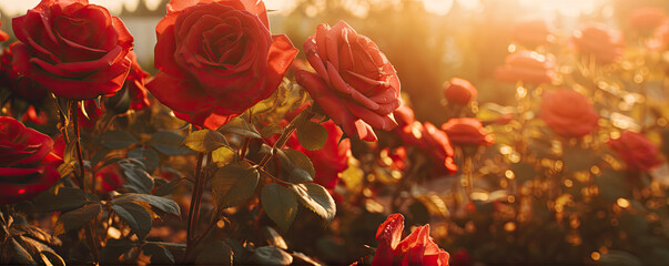 Field full of red roses flowers. - obrazy, fototapety, plakaty
