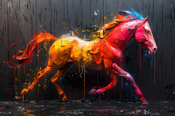 Horse with splashes of paint on a black background. 3d rendering
 - obrazy, fototapety, plakaty