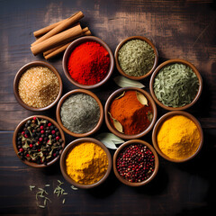 A colorful array of spices in small bowls.