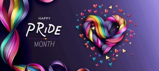 Pride Day themed rainbow banner with the text "HAPPY PRIDE MONTH" written in an elegant font, with one large heart made of rainbow ribbons on a dark purple background Generative AI