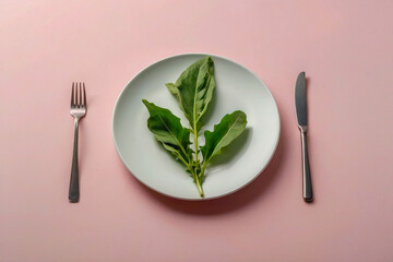 A green leaf lies on an empty white plate on the table. Light colors, diet and weight loss concept, eating disorders, calorie counting.