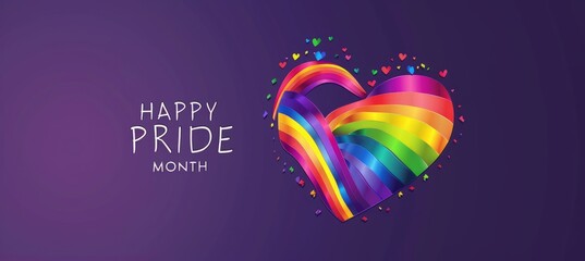 Pride Day themed rainbow banner with the text "HAPPY PRIDE MONTH" written in an elegant font, with one large heart made of rainbow ribbons on a dark purple background Generative AI