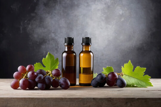 Bright advertising image, banner template. Two dark glass bottles with grape seed oil on a wooden table. Leaves and bunches of grapes, gray background.