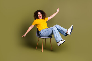 Full body length photo of funny young lady sitting chair lose balance broke stool falling down...