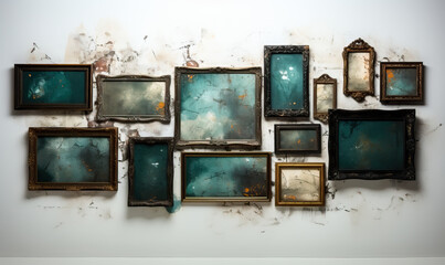 Old empty frames on a white background.