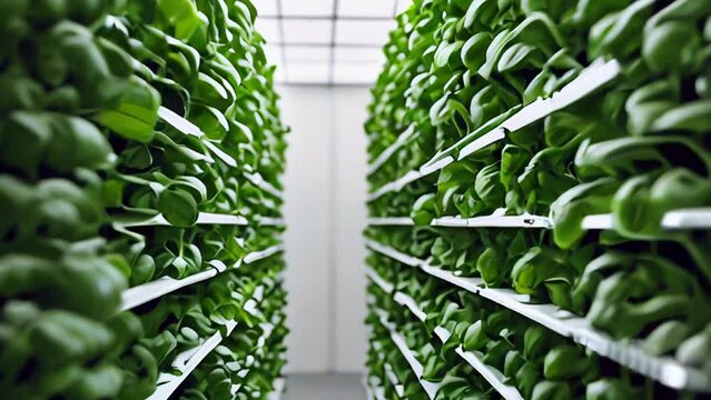 Hydroponic farm with vertical cultivation of herbs and vegetables. Concept: modern gardening. Growing food with technology