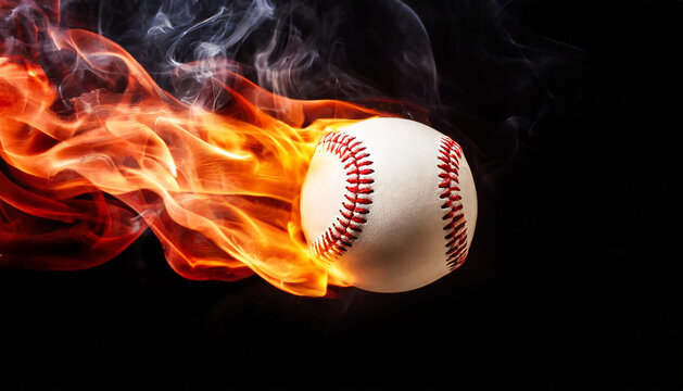 Burning baseball ball in the air. Hot orange flame. Professional active sport. Black background.