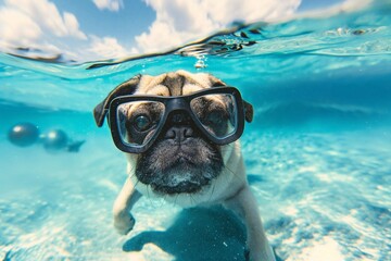 Cute pug dog wearing diving goggles underwater in a clear blue water. Generative AI